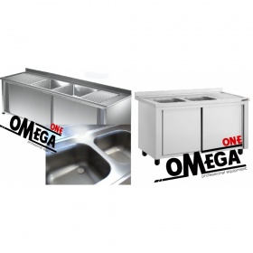 Commercial Stainless Steel Double Bowls Sink -Sliding Doors