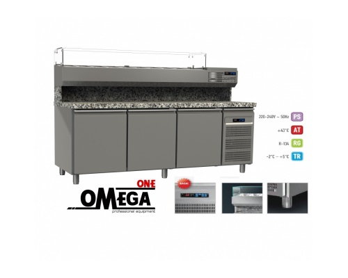 Gastro Pizzakühltisch mit 3 Türen mit Kühlaufsatz Maße: 1750x800x865/1440 mm GN1/1
