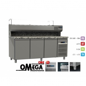 Gastro Pizzakühltisch mit 3 Türen mit Kühlaufsatz Maße: 2200x800x865/1440 mm 