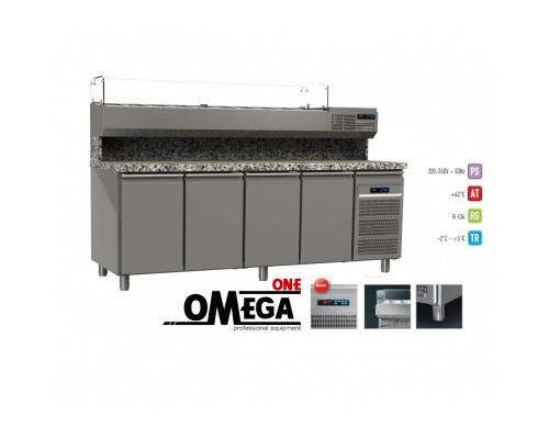 Gastro Pizzakühltisch mit 4 Türen mit Kühlaufsatz Maße: 2200x800x865/1440 mm GN 1/1