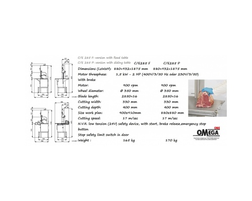 Πριονοκορδέλα Κοπής Νωπών και Κατεψυγμένων Κρεάτων και Ψαριών Επιδαπέδια C/E 285F & C/E 285P 