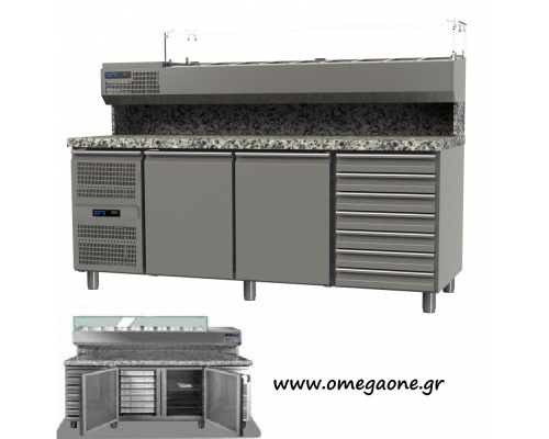 Gastro Pizzakühltisch mit 2 Türen mit Kühlaufsatz Maße: 1975x800x865/1440 mm -Granitarbeitsplatte und 7 Schubladen Neutral 