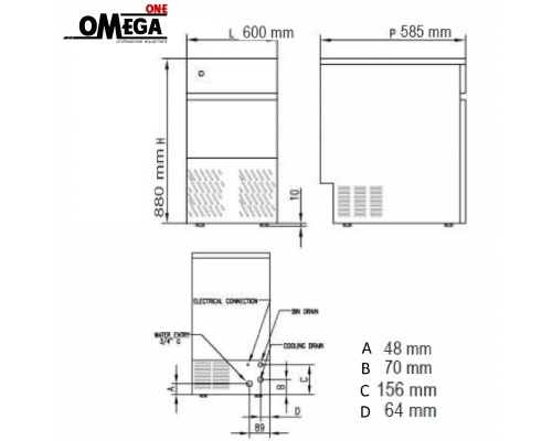 Παγομηχανή 60kg = 3.529 παγάκια με τρύπα Αποθήκη 28kg = 1.657 παγάκια | Ψεκασμού Αερόψυκτη