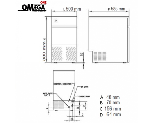 Παγομηχανή 50kg = 2.941 παγάκια με τρύπα Αποθήκη 21kg = 1.235 παγάκια | Ψεκασμού Αερόψυκτη