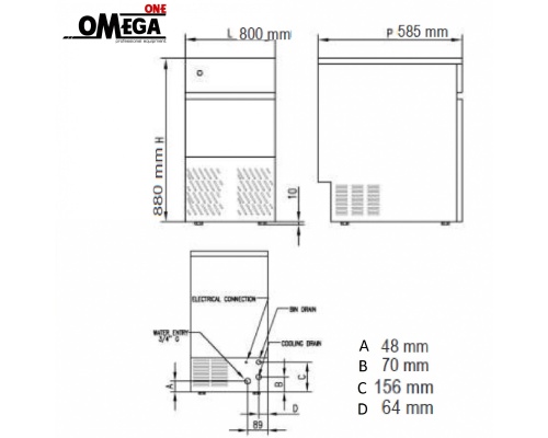 Παγομηχανή 90kg = 5.294 παγάκια με τρύπα Αποθήκη 40kg =  2.353 παγάκια | Ψεκασμού Αερόψυκτη