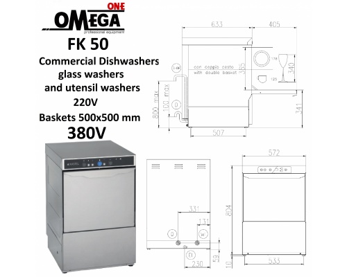 Commercial Dishwashers, utensil washers, glass washers 380V Baskets 500x500 mm